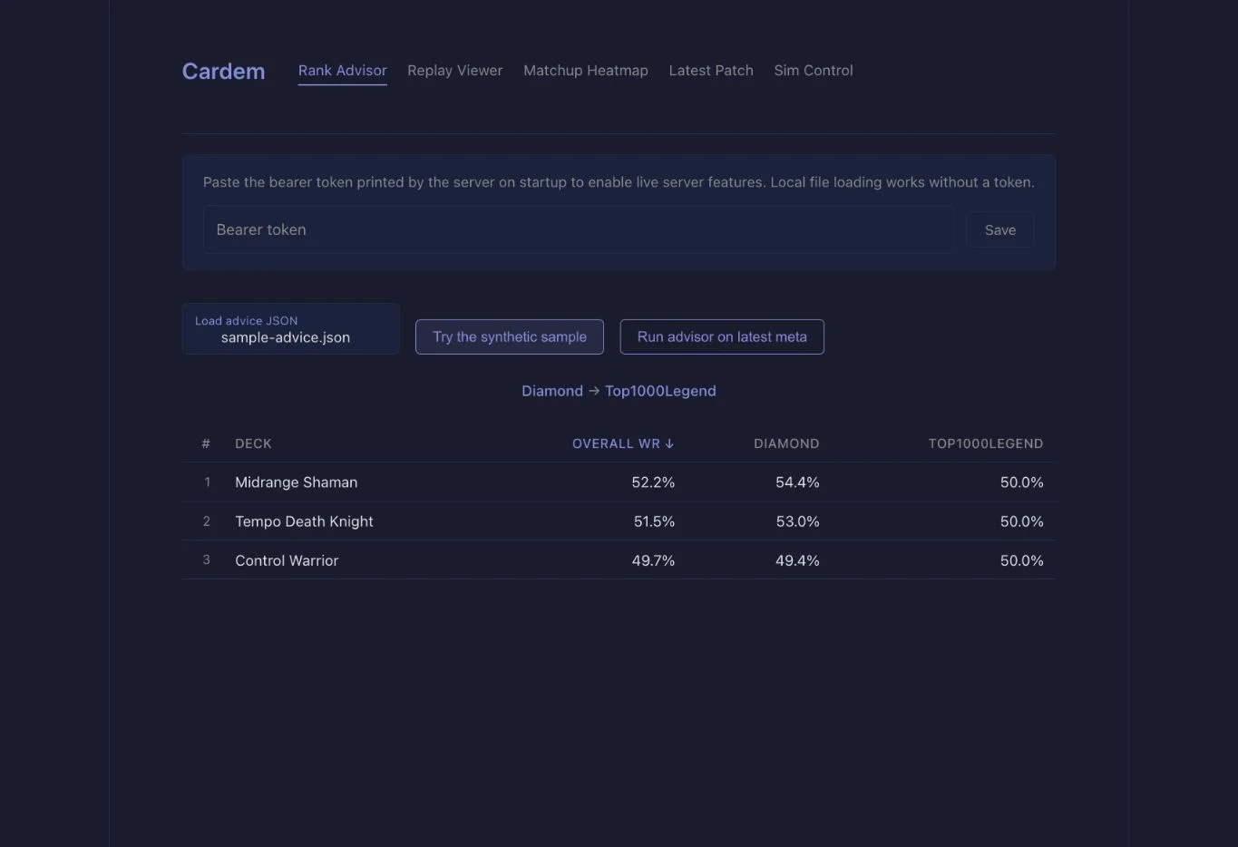 Cardem — Constructed advisor interface with synthetic sample results