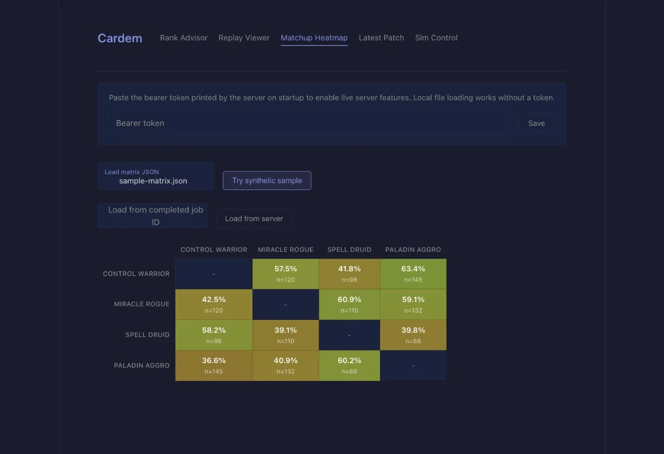 Cardem — matchup heatmap with synthetic sample results, not validated live odds
