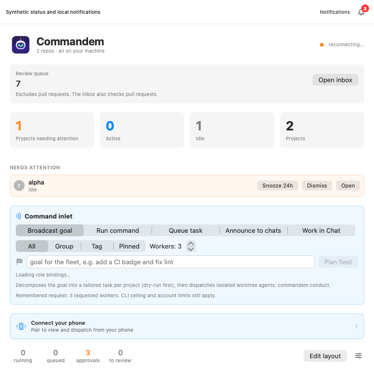 Commandem — Home component with synthetic data: review queue 7, one project needing attention and three local notifications