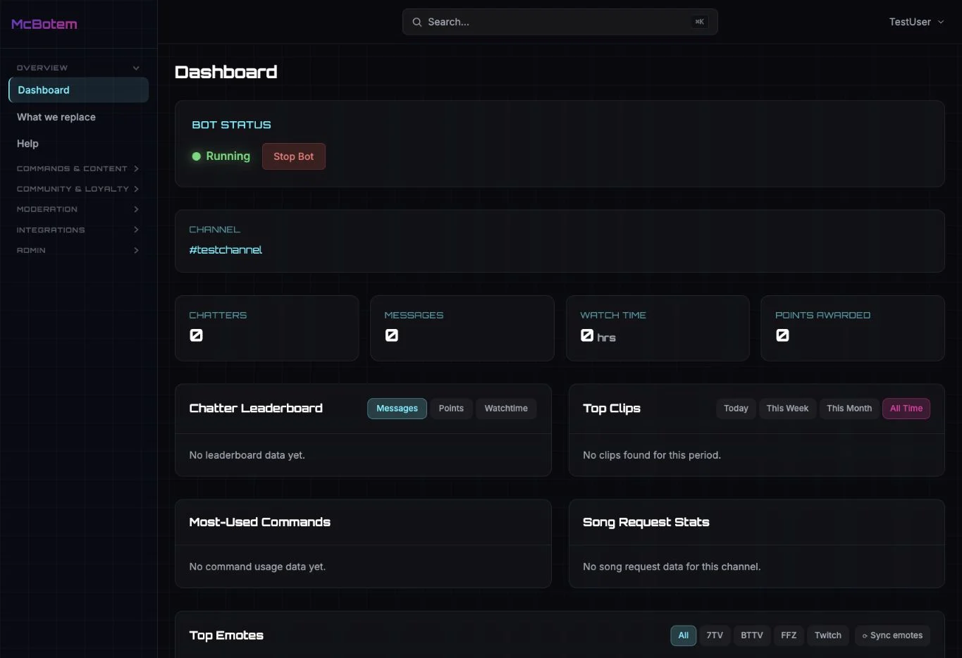 McBotem — channel dashboard using a test account